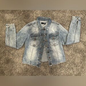 KUT FROM THE KLOTH Women's Kara Jean Jacket LARGE Blue Raw Hem Stretch